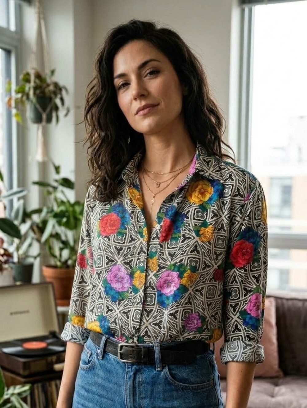 Anita Multicolor Floral Geometric Button-Down Blouse